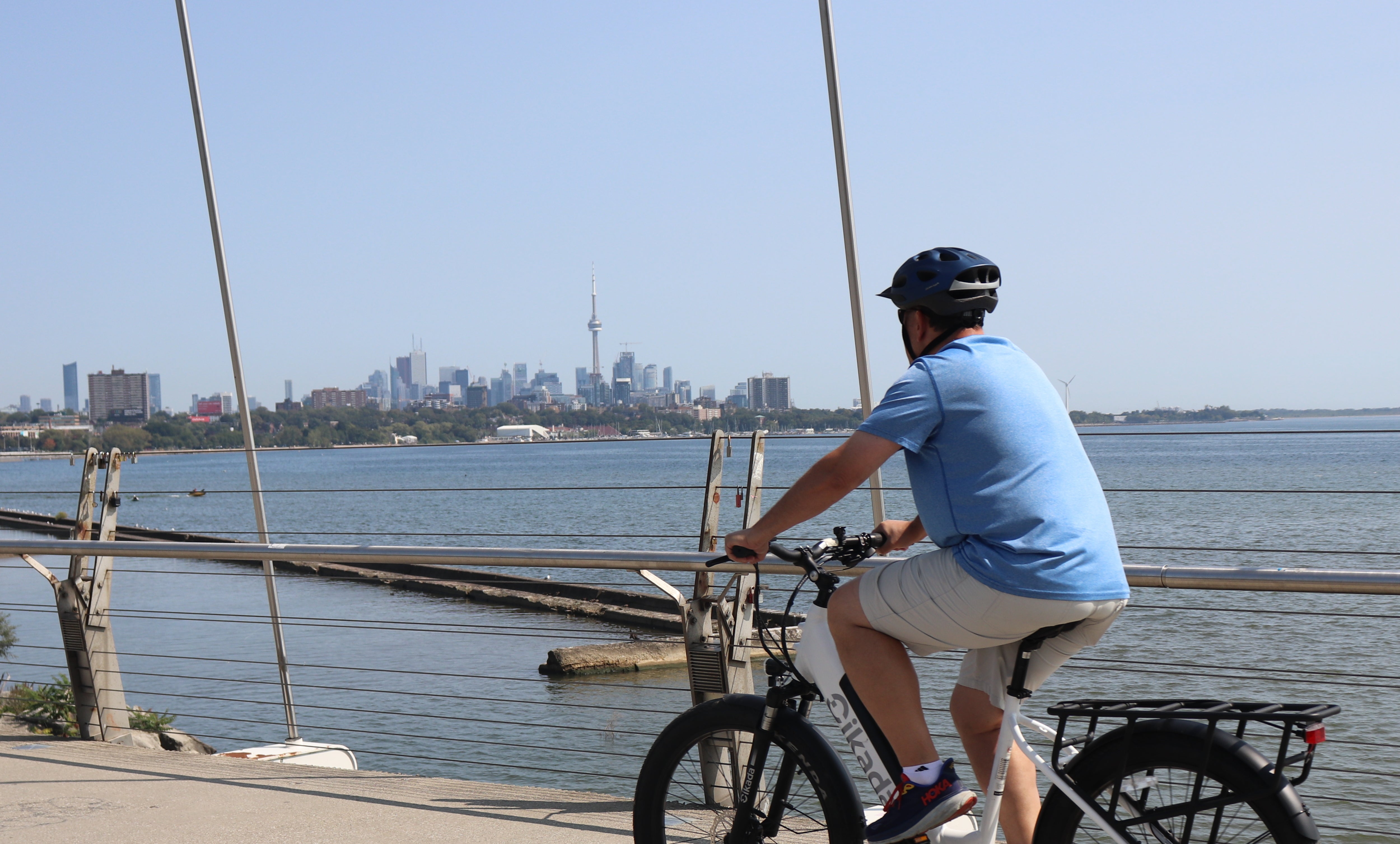 A middle-aged man riding a Cikada e-bike in Burlington, near Toronto.